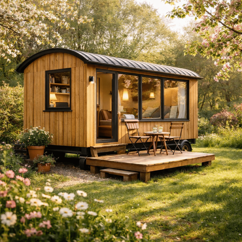 Bauwagen im Garten mit drei Zonen Gästezimmer, Homeoffice, Rückzug