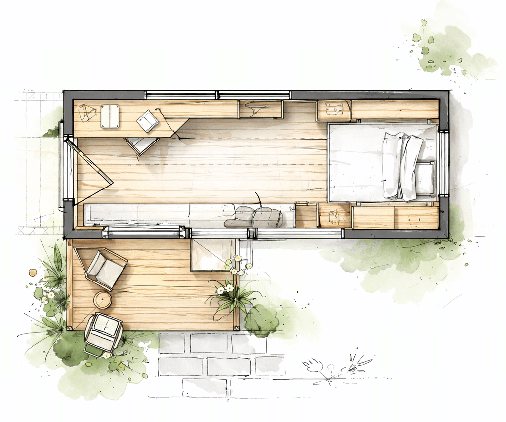 Alternativer Grundriss Bauwagen mit drei Nutzungen: Gästezimmer, Homeoffice, Rückzug
